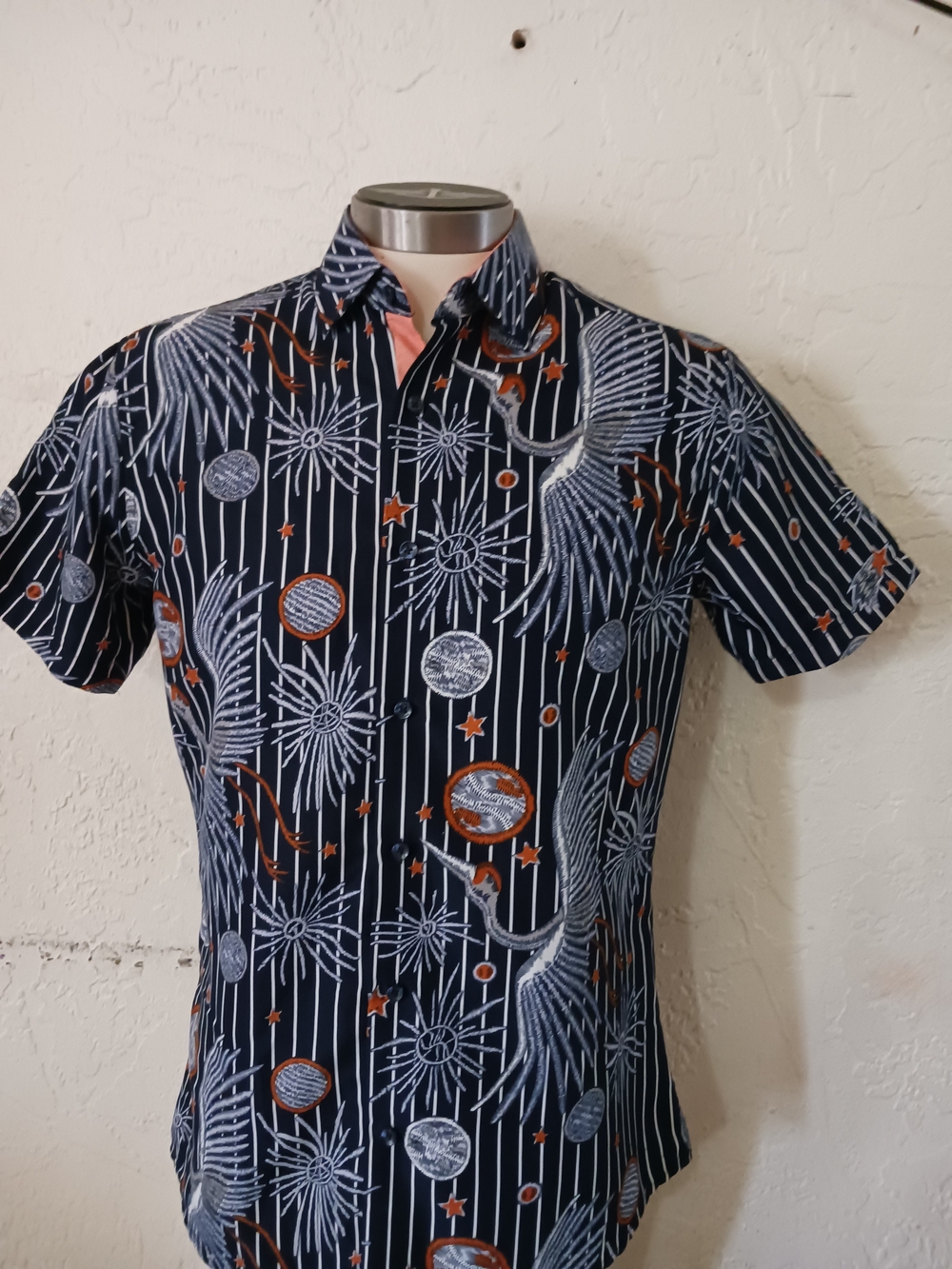 stars above Navy Striped Short-Sleeve Shirt with White Crane & Orange Accents